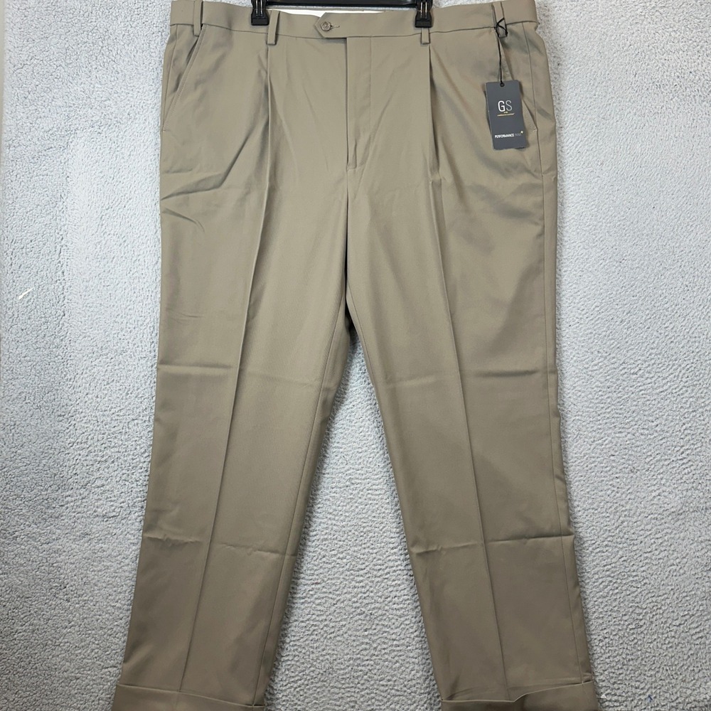 NEW GS Performance Pants Men 48X32 Khaki Beige Pleated Dress Cuffed Straight Fit